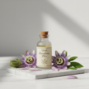 Unda Passiflora Plex homeopathic remedy bottle on marble surface with passionflower blooms and botanical accents