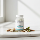 Genestra TADS adrenal support supplement bottle on marble surface with botanical accents