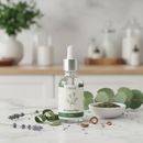 Unda Drosera Plex 30mL bottle on marble surface with botanical accents