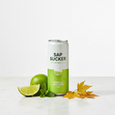 Sap Sucker Lime sparkling maple water can with lime and mint on white marble