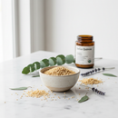 GoGo Quinoa Organic Quinoa Flakes in a ceramic bowl on white marble with botanical accents