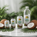 Chaokoh Coconut Water in 350mL, 520mL and 1L sizes with fresh coconut halves and tropical leaves on marble surface