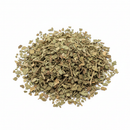 Dried Horny Goat Weed Epimedium cut and sifted leaf pieces on white background