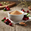 Pure camu camu powder in a white ceramic bowl with fresh camu camu berries on a wooden surface