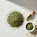 Gotu Kola Leaves Cut & Sifted — dried botanical herb on white marble surface