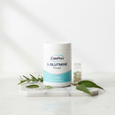 CanPrev L-Glutamine Vegan AA 450g on marble surface with botanical accents