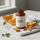 Orange Magnesium Glycinate capsules in amber glass bottle with orange botanicals on marble surface