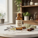 Unda Sepia Plex amber bottle on marble with soft botanical accents