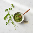 Alfalfa leaves powder in a ceramic bowl, vibrant green botanical superfood