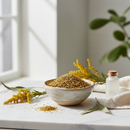 Golden Rod Herb Cut and Sifted in ceramic bowl on marble surface
